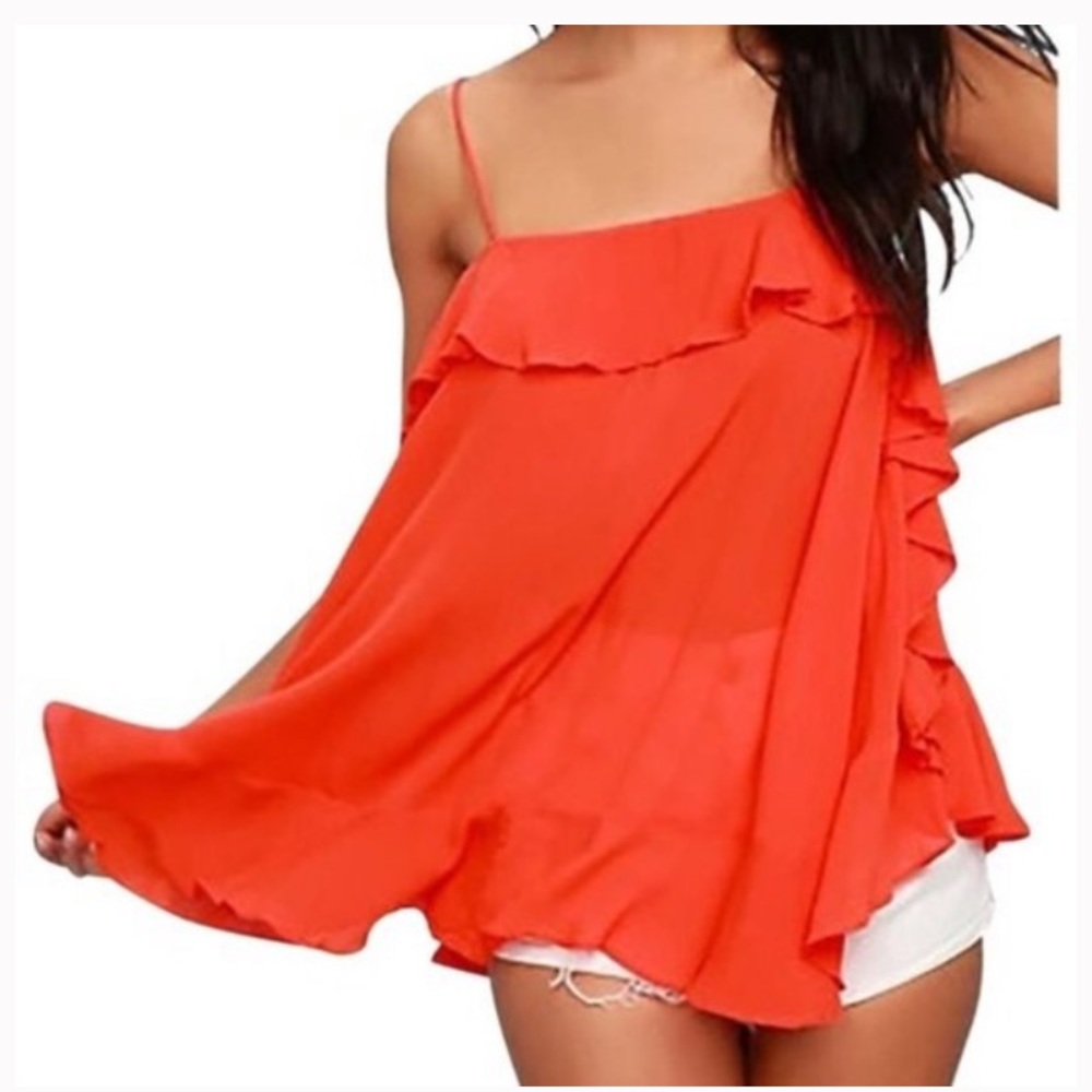 Free People Red Orange Ruffled Tank Top